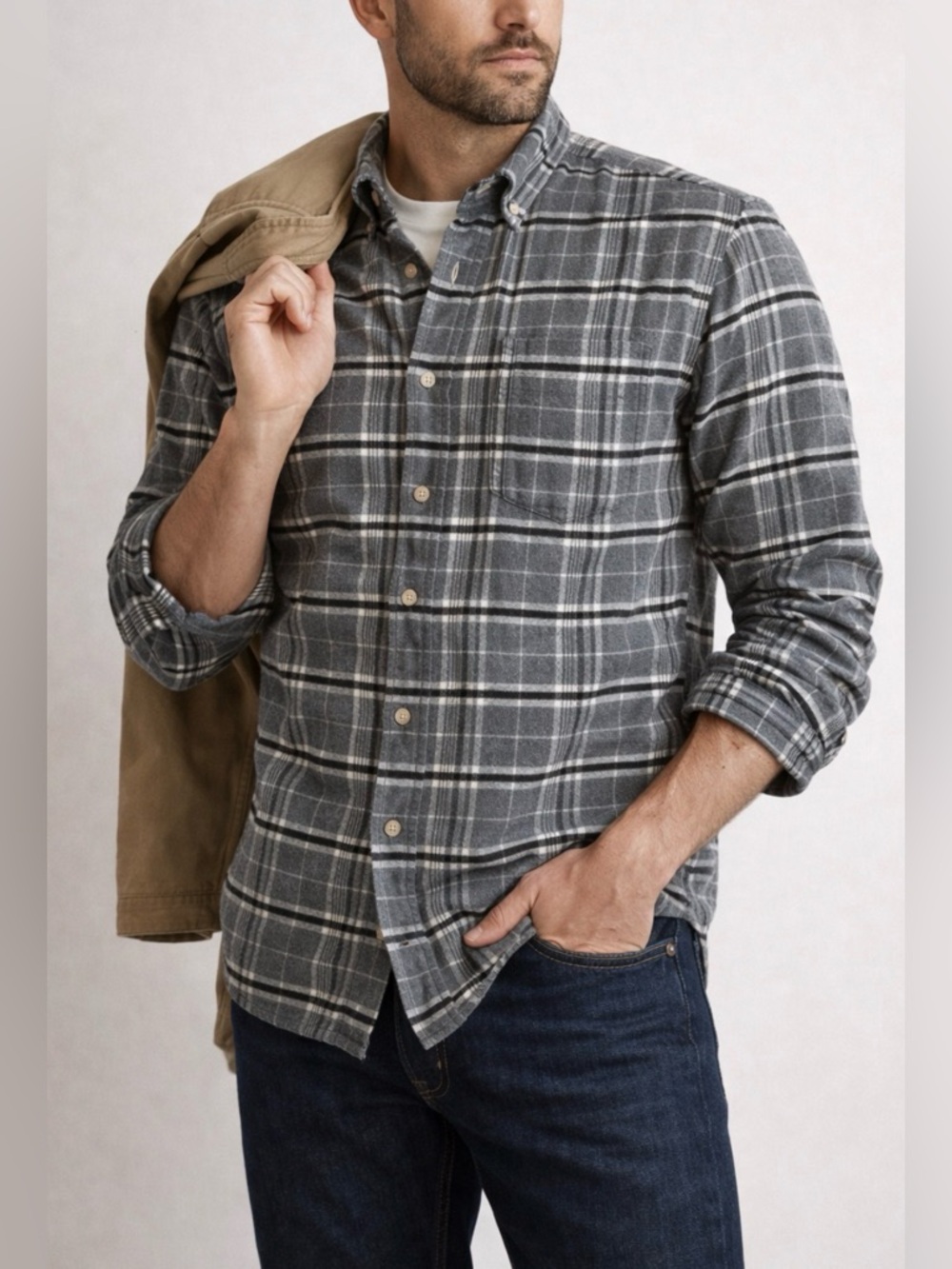 Portuguese Flannel Plaid Button Down Shirt Gray Cotton Size S